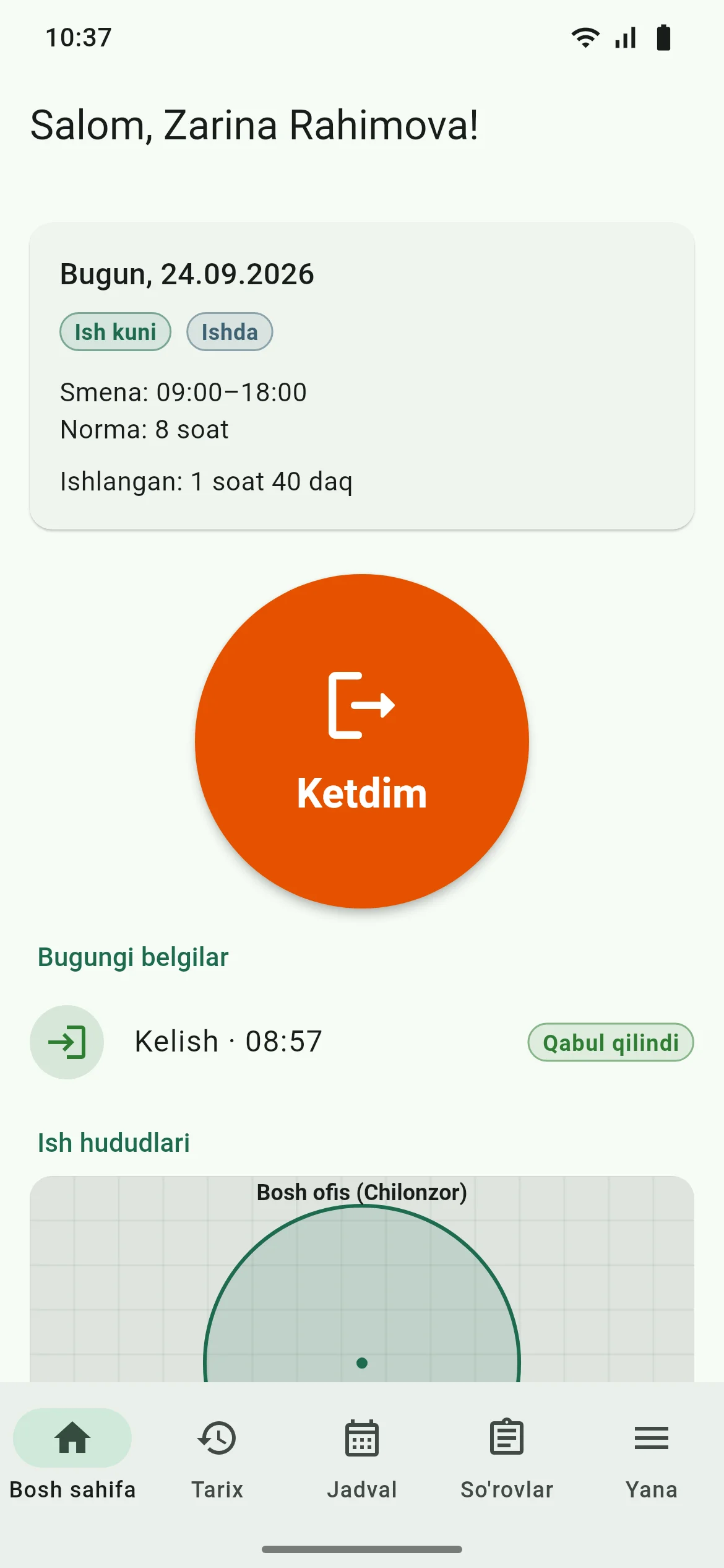 SmartTime mobil ilovasi: bugungi smena, belgilar va «Ketdim» tugmasi